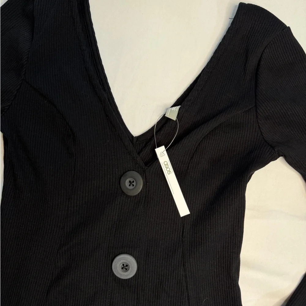 NWT ASOS Black Ribbed Knit Fit & Flare Button Front V-Neck Long Sleeve Dress